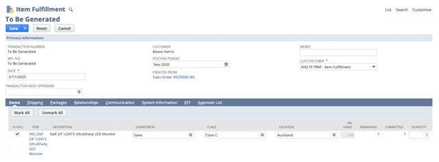 Screenshot of Items to be generated in NetSuite
