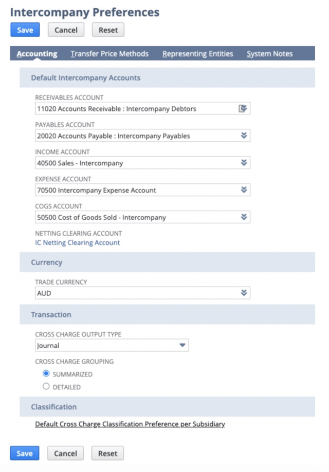 Screenshot of Intercompany Preferences in NetSuite
