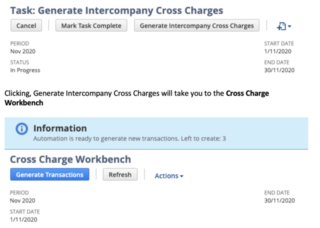 Screenshot of task to generate intercompany cross charges in NetSuite